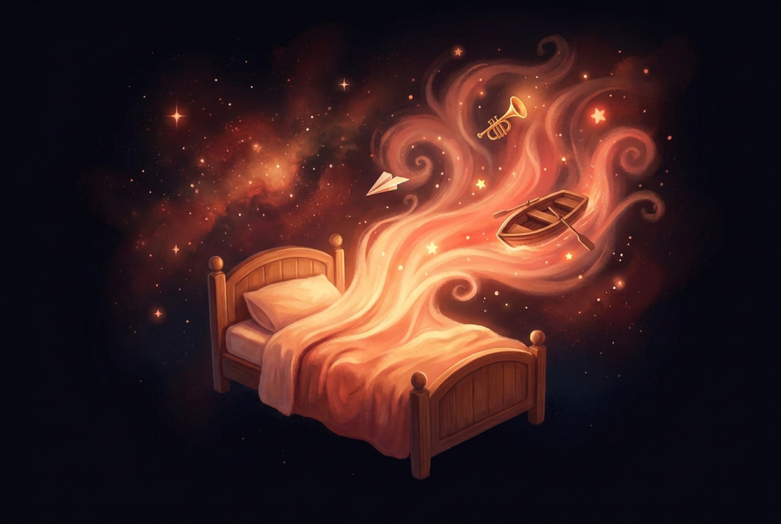 A bed floating in space, its blanket unfurling into a dream carrying a trumpet, a paper airplane, and a rowboat
